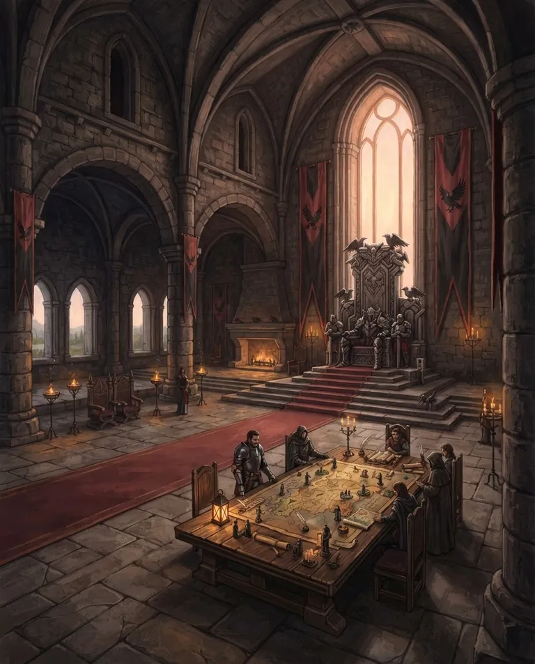 Western RPG fantasy illustration, simple background: wide establishing shot of the great throne hall of Ravengard castle, a towering stone throne on a raised dais, tall banners bearing a black raven crest, a war map table spread with markers, arched windows glowing with dawn light. Warm lantern light mixed with pale morning glow. Majestic stone-grey and crimson palette. No text, no watermark.