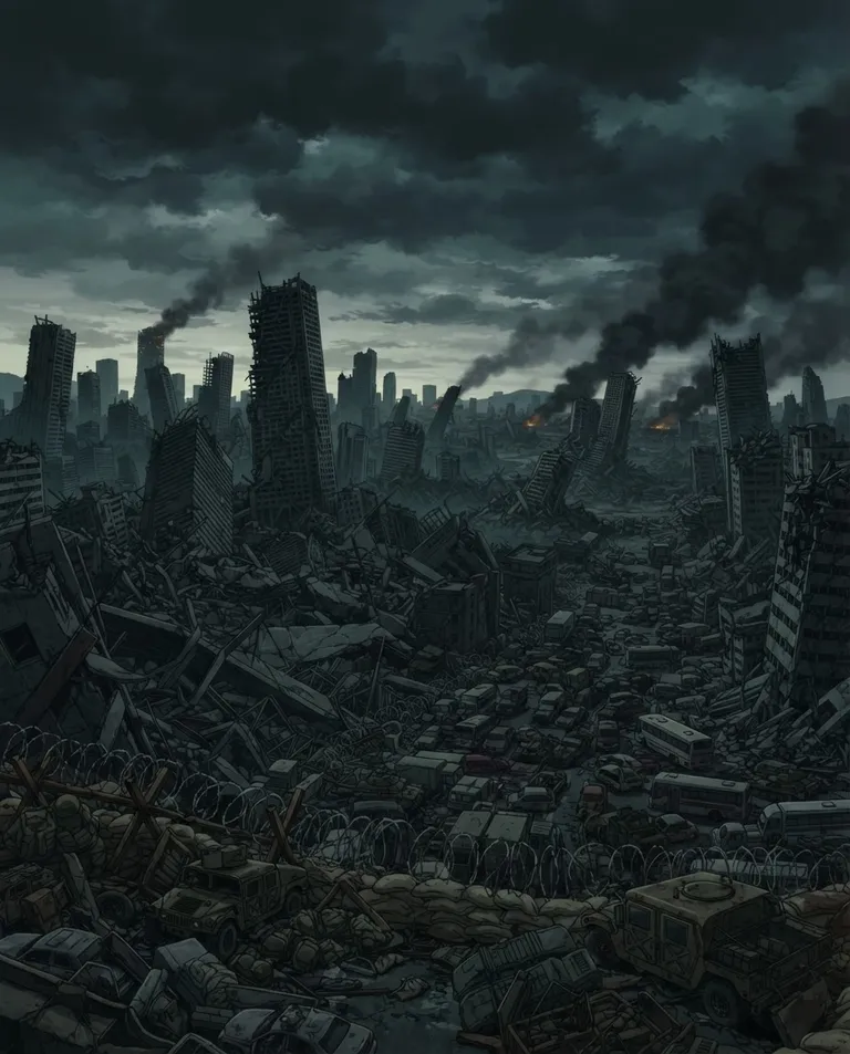 Modern anime key visual, simple background: wide establishing shot of a collapsed modern city, toppled skyscrapers and abandoned military barricades choked with overturned vehicles and drifting ash under a bruised evening sky. Fading grey daylight with distant smoke plumes. Bleak, oppressive, muted grey-green palette. No text, no watermark.