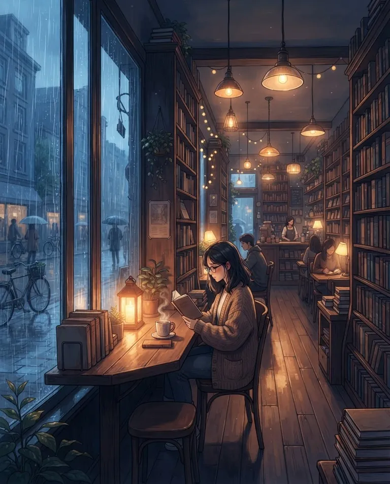 Polished manhwa character art, simple background: wide establishing shot of a cozy bookstore cafe on a rainy afternoon, tall wooden shelves lined with books, mismatched lamps glowing warm, a quiet corner table with a small stack of novels and a steaming mug, rain streaking the front window. Soft lamplight against cool blue rain light. Peaceful amber-and-slate palette. No text, no letters, no numbers, no writing anywhere in the image, no watermark.