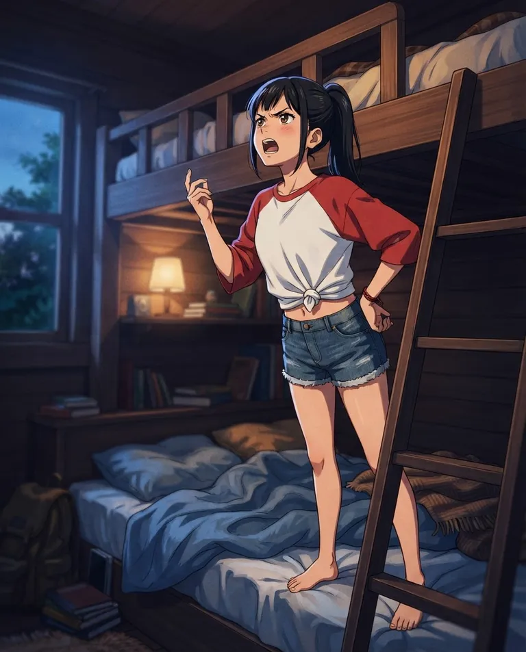 Modern anime key visual, simple background: low-angle shot of Rin Sasaki, a young adult woman with straight black hair in a high ponytail with side-swept bangs, dark brown eyes, light skin and a slim energetic build, wearing an oversized plain white T-shirt with solid red raglan sleeves, no stripes, no lettering or logos, tied at the waist over denim shorts, a red friendship bracelet on her wrist, standing on the lower bunk to shout up at the top bunk with one hand on her hip, mouth open mid-retort and brows knitted in exasperation. Cool blue evening light through the cabin window. Moody indigo-and-warm-lamp palette. No text, no letters, no numbers, no writing anywhere in the image, no watermark.