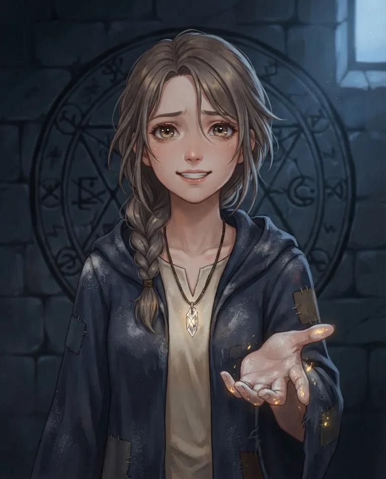 Modern anime key visual, simple background: close portrait of Liria, a young adult woman with ash-brown hair in a loose braid coming undone, wide hazel eyes, fair skin and a small slight build, wearing patched midnight-blue apprentice mage robes dusted with white ritual chalk over a cream tunic, a cracked crystal pendant on a leather cord, swallowing back disappointment and holding out her open hand toward the viewer with a wavering, determined little smile, the dead circle dark behind her. Soft moonlight with a last ember of circle glow on her fingers. Tender underdog warmth, dusk-blue palette with a spark of gold. No text, no watermark.