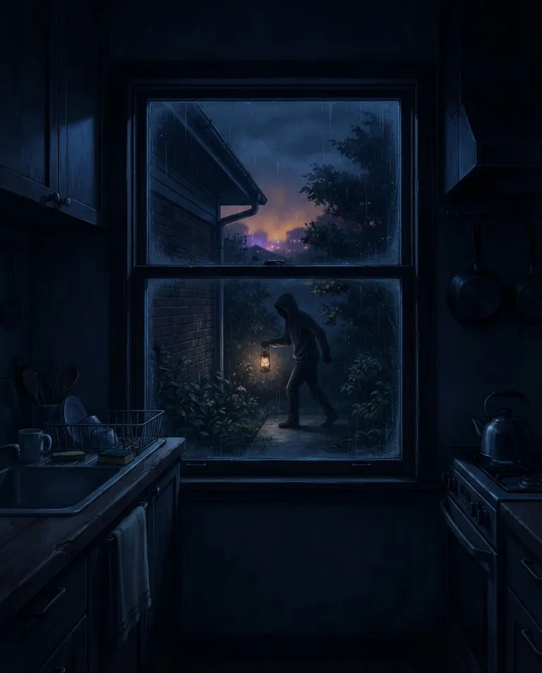 Modern anime key visual, simple background: wide establishing shot of a dark kitchen window at night seen from inside, an unknown searching silhouette and a drifting lantern light passing behind the glass outside the ordinary house. Cold moonlight and an ominous distant glow. Suspenseful hushed mood, deep blue palette. No text, no watermark.
