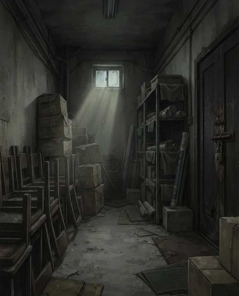 Modern anime key visual, simple background: wide establishing shot of an old university storage room interior, stacked wooden chairs and sagging cardboard boxes along the walls, shrouded shelves, a heavy door with an old lock, one small high window casting a single beam through hanging dust. Dim dusty light with deep shadows. Claustrophobic grey-and-umber palette. No text, no watermark.