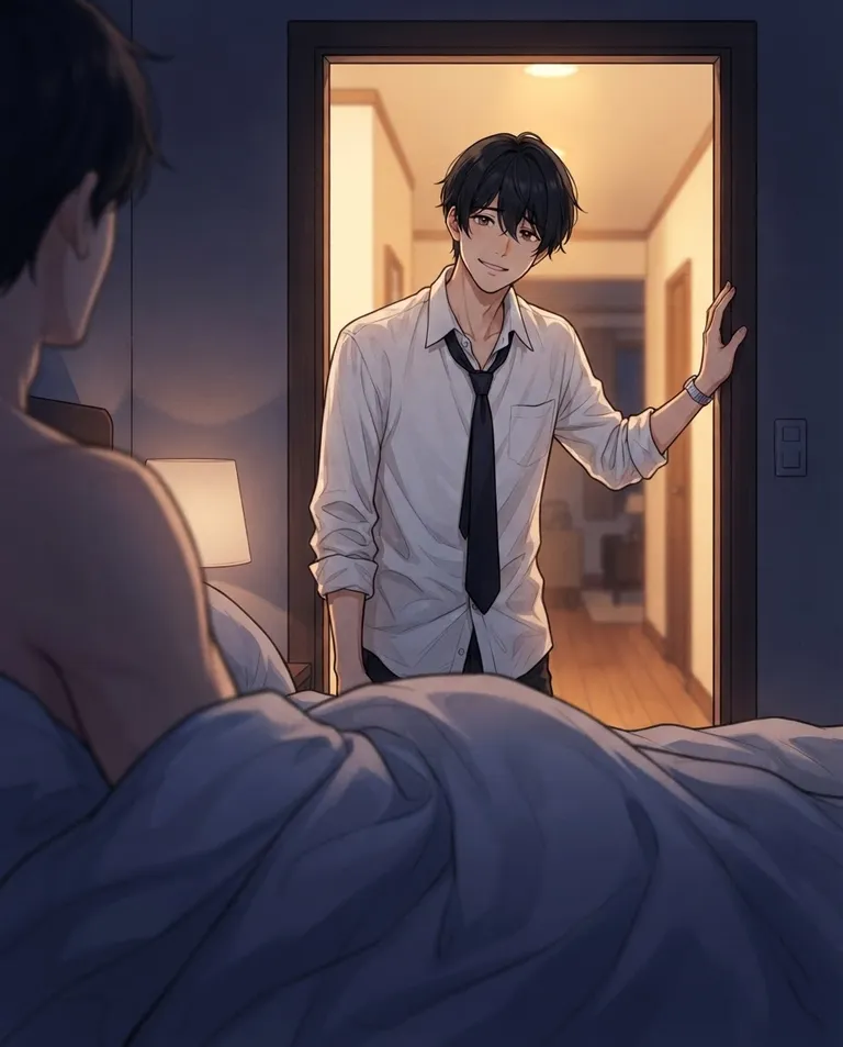 Polished manhwa character art, simple background: over-the-shoulder shot from a person sitting up in bed under the covers, looking at Akio, a young adult man with neatly cut black hair falling loose over his forehead, warm brown eyes, light skin and a slim elegant build, wearing a rumpled white dress shirt with the collar open and a silk tie pulled loose, a thin silver wristwatch, swaying slightly in the bedroom doorway with a sheepish lopsided smile, one hand braced on the doorframe, hallway light spilling behind him. Dim bedroom shadow against warm hallway glow. Cozy hushed indigo-and-gold palette. No text, no watermark.