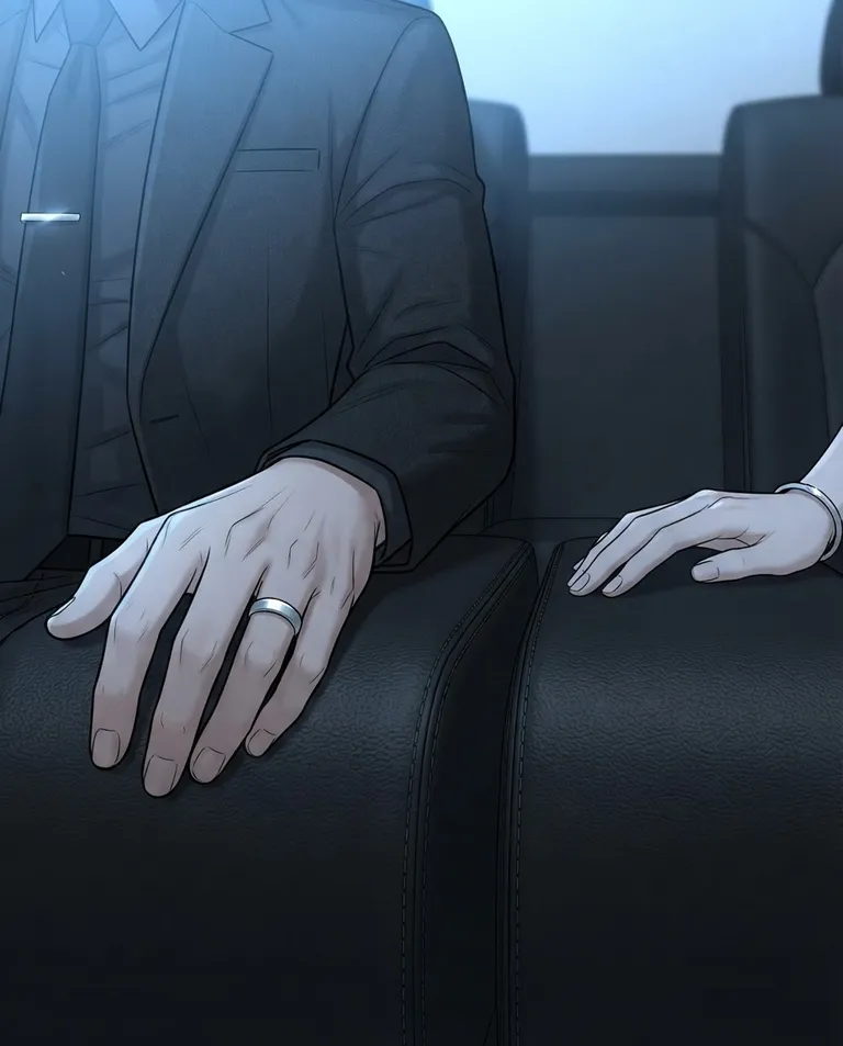 Polished manhwa character art, simple background: close detail shot of a man's hand resting on a leather car seat, a new platinum wedding band on his finger and a silver tie clip catching the light, a delicate second hand resting apart on the same seat with a visible gap between them. Cold blue window light. Somber palette of black and pale silver. No text, no watermark.