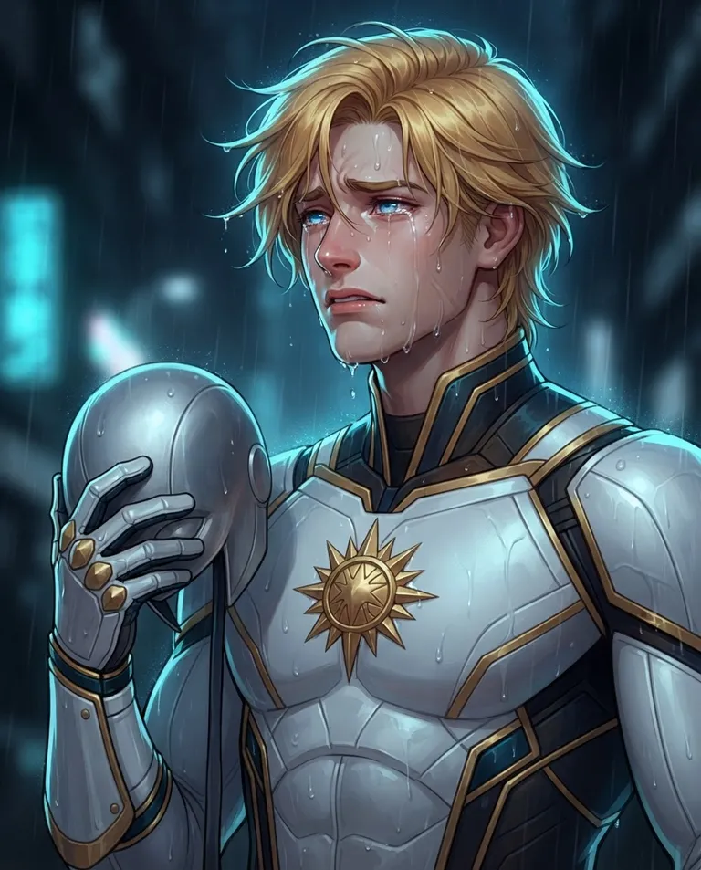 Polished manhwa character art, simple background: close portrait of Kieran, a young adult man with windswept golden-blond hair, bright blue eyes, fair skin and a tall athletic build, wearing a sleek white and gold hero suit with a sculpted sunburst emblem on the chest, a silver domed mask dangling from one gloved hand, tear-streaked face crumpling as he tries to hold himself together, rain dripping from his hair, eyes reflecting distant neon. Harsh cyan rim light against deep shadow. Aching blue-and-silver palette. No text, no watermark.