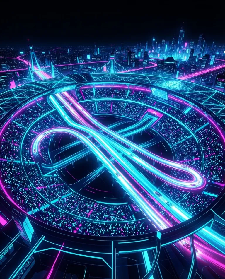 Modern anime key visual, simple background: wide establishing shot of a colossal futuristic night stadium from high above, five illuminated racing lanes curving through the arena like rivers of light, tens of thousands of tiny spectators packing the stands, city towers glowing beyond the rim. Saturated neon against deep night. Ritualistic, electric, cyan-magenta-and-black palette. No text, no letters, no numbers, no writing anywhere in the image, no watermark.