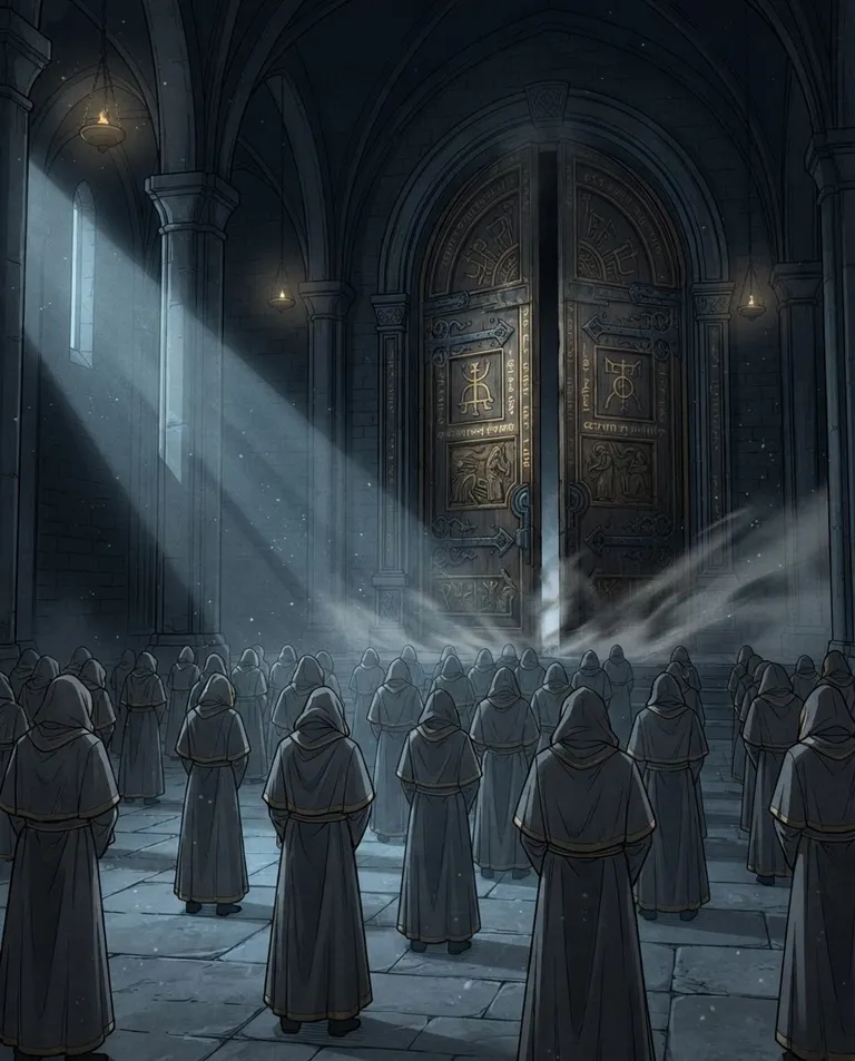 Polished manhwa character art, simple background: wide establishing shot of towering ornate temple doors slamming shut, a crowd of robed acolytes turned away with their backs to the viewer, cold stone hall and shafts of pale light. Dim overhead temple light and long shadows. Isolating, rejected mood, muted grey-gold palette. No text, no watermark.