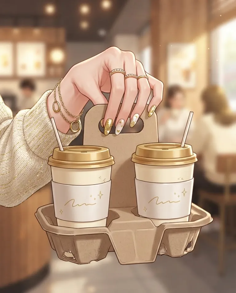 Polished manhwa character art, simple background: close detail shot of a woman's hand with long decorated nails and gold hoop earrings visible at the wrist, holding two coffee cups in a cardboard tray. Warm cafe light and soft daylight. Glossy, playful palette of gold and cream. No text, no watermark.