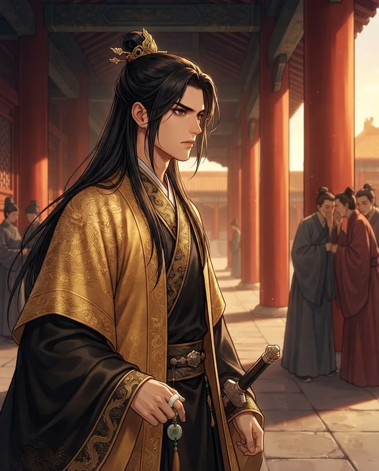 Polished manhwa character art, simple background: over-the-shoulder shot of Zhao Wei, a young adult man with long ink-black hair drawn up into a gold-pinned topknot with loose strands framing his face, sharp dark brown eyes, warm light skin and a tall elegant build, wearing layered golden imperial robes embroidered with dragons over black silk under-robes, a carved white jade ring on his thumb, keeping the viewer protectively at his side while leveling a warning stare at whispering robed courtiers half-hidden behind red pillars, in a long open palace corridor. Late golden afternoon light falling between the pillars. Wary vermilion-and-gold palette. No text, no watermark.