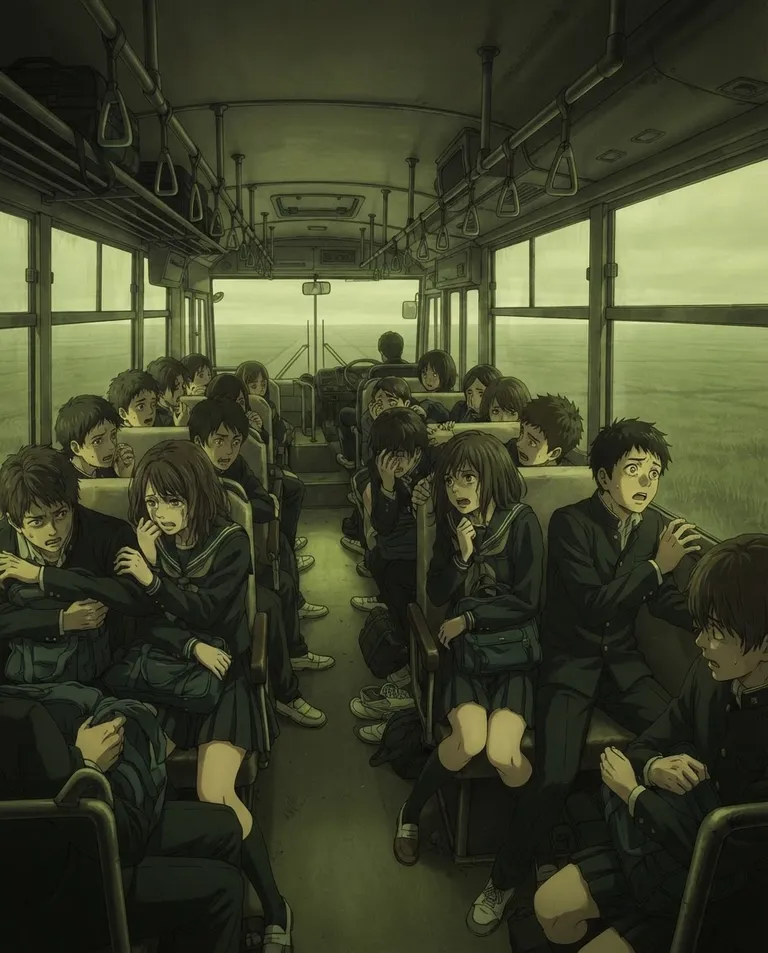 Modern anime key visual, simple background: wide establishing shot of the interior of a school bus where the windows now show an impossible endless green field under a strange sky instead of mountains, rows of frightened university-age students in uniforms clutching their seats. Flat unnatural daylight through the windows. Uneasy green-and-yellow palette, a mood of reality torn open. No text, no watermark.