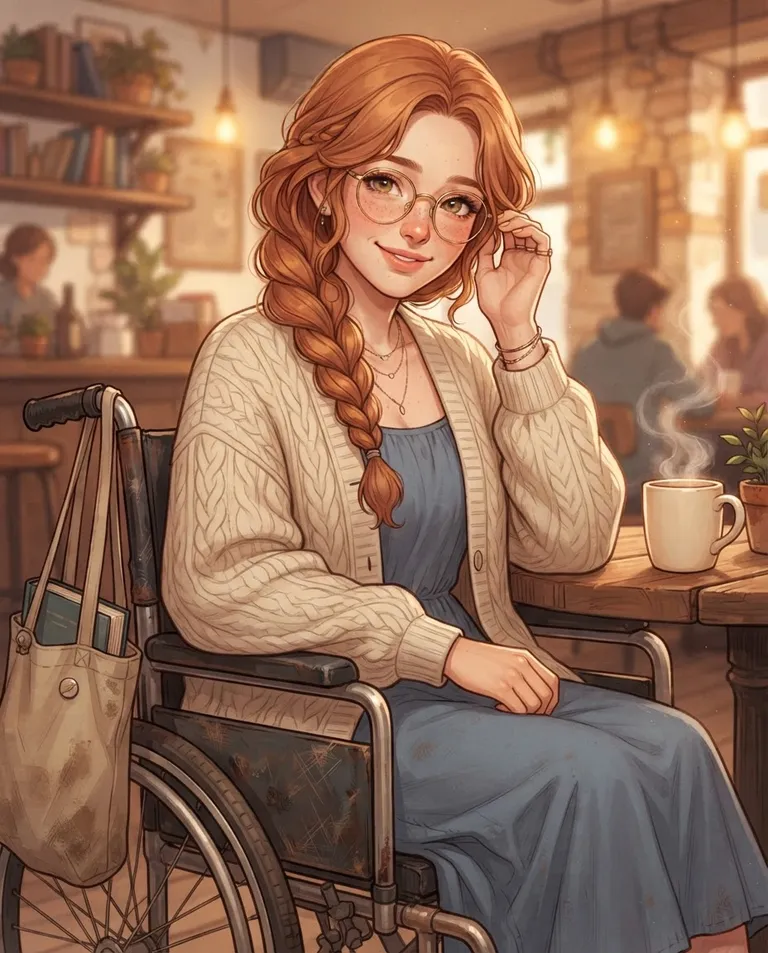 Polished manhwa character art, simple background: close portrait of Bonnie, a young adult woman with wavy copper hair in a loose braid over one shoulder, warm hazel eyes behind round gold-rimmed glasses, fair freckled skin and a small soft build, wearing an oversized cream cable-knit cardigan over a dusty-blue dress, seated in a well-worn manual wheelchair with a canvas book bag hanging from its side, a shy quietly amused smile breaking through her blush, tucking a strand of hair behind her ear as steam rises from a mug of tea beside her. Soft golden cafe light. Warm honey-and-cream palette. No text, no watermark.