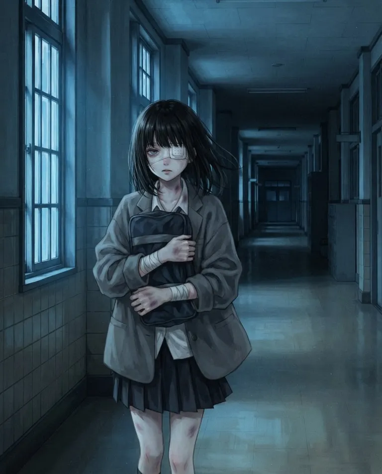 Modern anime key visual, simple background: low-angle shot of Hina Kurosawa, a young adult woman (university student) with straight black chin-length hair and blunt bangs, one dull violet eye visible, very pale skin dotted with faint bruises and a thin fragile build, wearing a loose oversized grey school blazer over a white blouse and pleated skirt, a white medical eyepatch over her right eye and white bandages wound around both hands and forearms, her face hollow and haunted with a lonely faraway stare, walking alone down a long deserted school corridor clutching her bag to her chest, her figure small against the emptiness. Cold blue light from tall windows, a faint eerie glow. Desaturated ghostly palette, quiet unease. No text, no watermark.