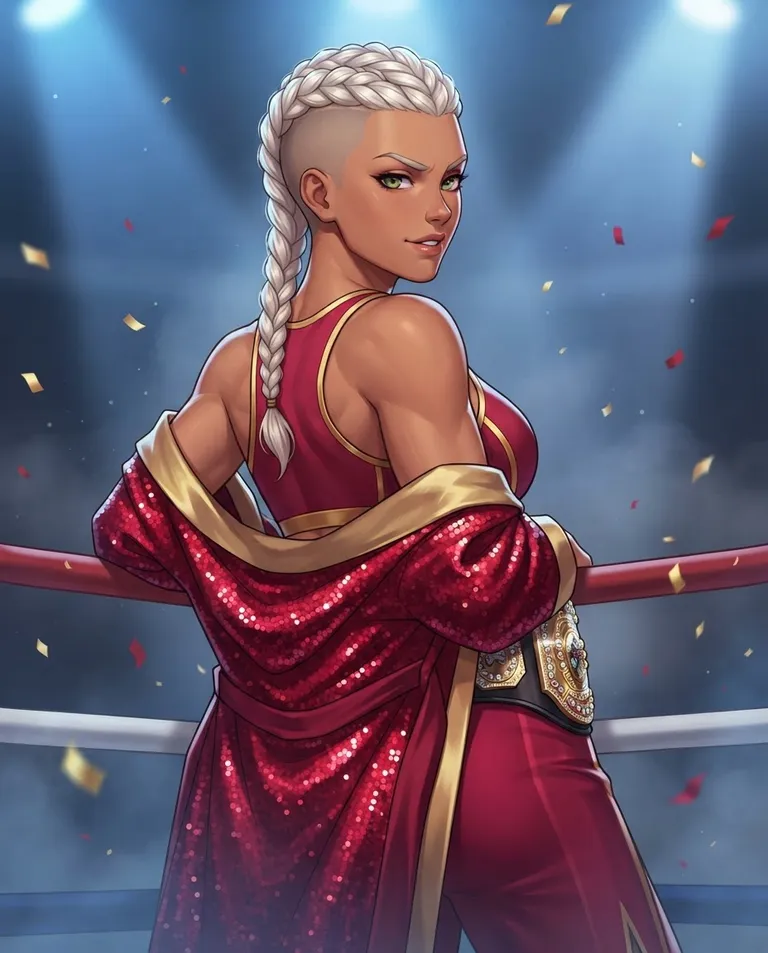 Polished manhwa character art, simple background: over-the-shoulder shot of Brynn, a young adult woman with platinum blonde hair in a tight high braid over a shaved undercut, bold green eyes, tan skin and a powerful athletic build, wearing a gold-trimmed crimson athletic top and matching long boxing trunks with a sequined championship robe hanging open off her shoulders, a jeweled champion belt slung around her waist, playful challenge in her eyes, leaning back against the ring ropes and looking over her shoulder at the viewer while confetti drifts down around her. Cooling spotlights and haze from above. Showbiz crimson-and-gold palette with deep blue shadow. No text, no letters, no numbers, no writing anywhere in the image, no watermark.