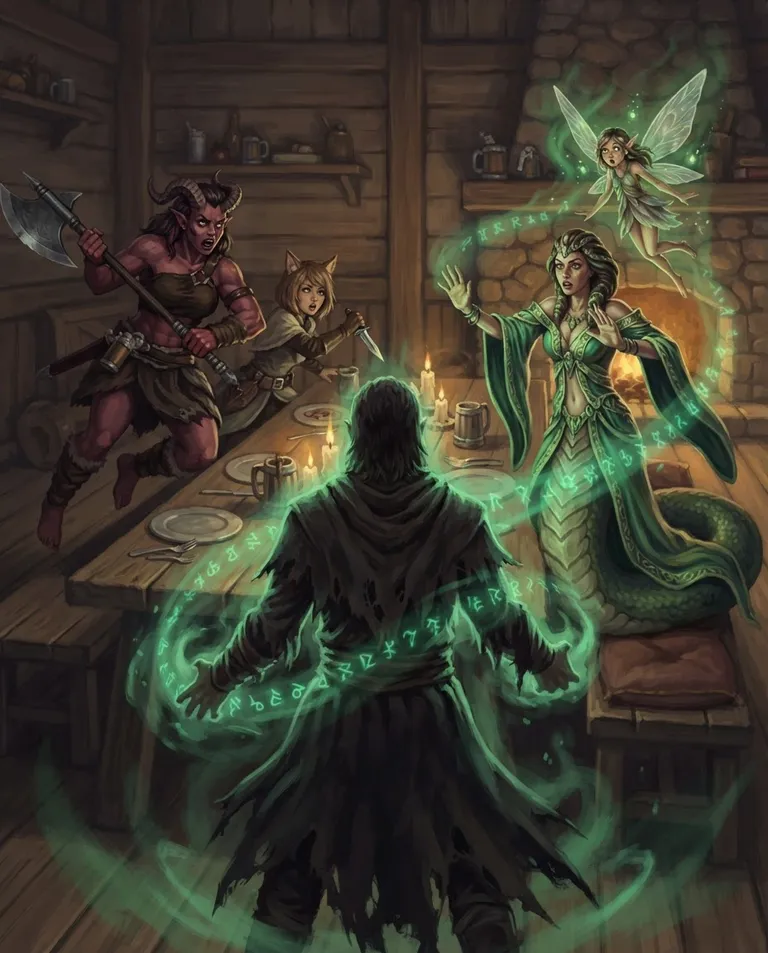 Western RPG fantasy illustration, simple background: over-the-shoulder shot from behind a newly materialized figure wreathed in fading green summoning light, facing a stunned handful of young adult adventuress women frozen mid-motion around a dining table, a horned demon berserker woman half-drawing an axe, a cat-eared rogue woman peeking from behind a chair, a serpent-tailed lamia healer woman in flowing robes raising her hands protectively, a small winged fairy woman hovering with wide fascinated eyes. Green rune-light washing over shocked faces. Charged, magical emerald-and-candleglow palette. No text, no watermark.