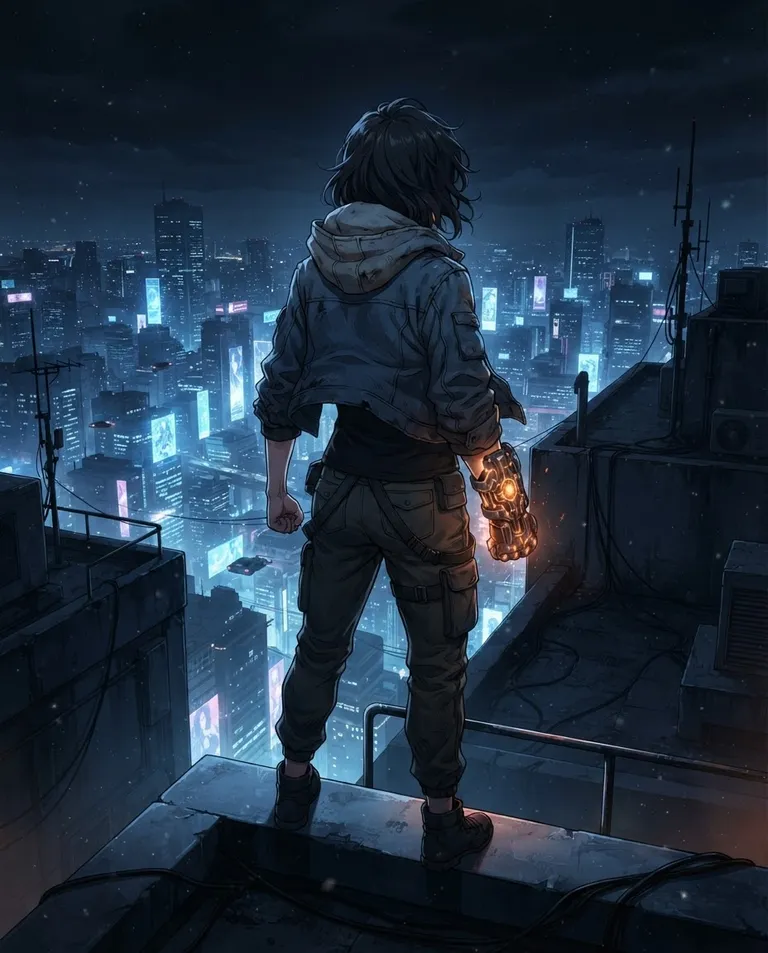 Modern anime key visual, simple background: over-the-shoulder shot of a young adult survivor in a plain hooded civilian jacket standing on a rooftop ledge at night, one transformation device gripped tight in a fist at their side, scanning the neon-lit city sprawl below for a target. Cold city glow under a starless sky. Hunting, coiled, noir blue palette with a single ember-orange accent. No text, no watermark.