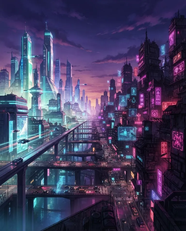 Modern anime key visual, simple background: wide establishing shot of a sprawling neon city skyline at dusk split by mood, gleaming hero towers on one side and a shadowed villain underworld on the other, abstract holographic light panels with no lettering flickering above the streets. Purple dusk sky with cyan and magenta neon. Ambiguous moral-tension mood, teal and violet palette. No text, no letters, no numbers, no writing anywhere in the image, no watermark.