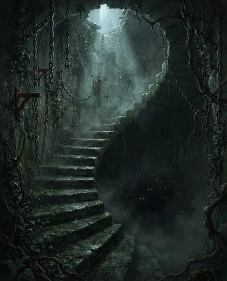 Western RPG fantasy illustration, simple background: atmospheric detail shot of an ancient stone descending stairway spiraling into a misty abyss, chains and vine-like tendrils draping the walls, faint glowing eyes watching from the dark below. Eerie moonlit shaft of light from above. Damp, oppressive grey-green palette. No text, no watermark.