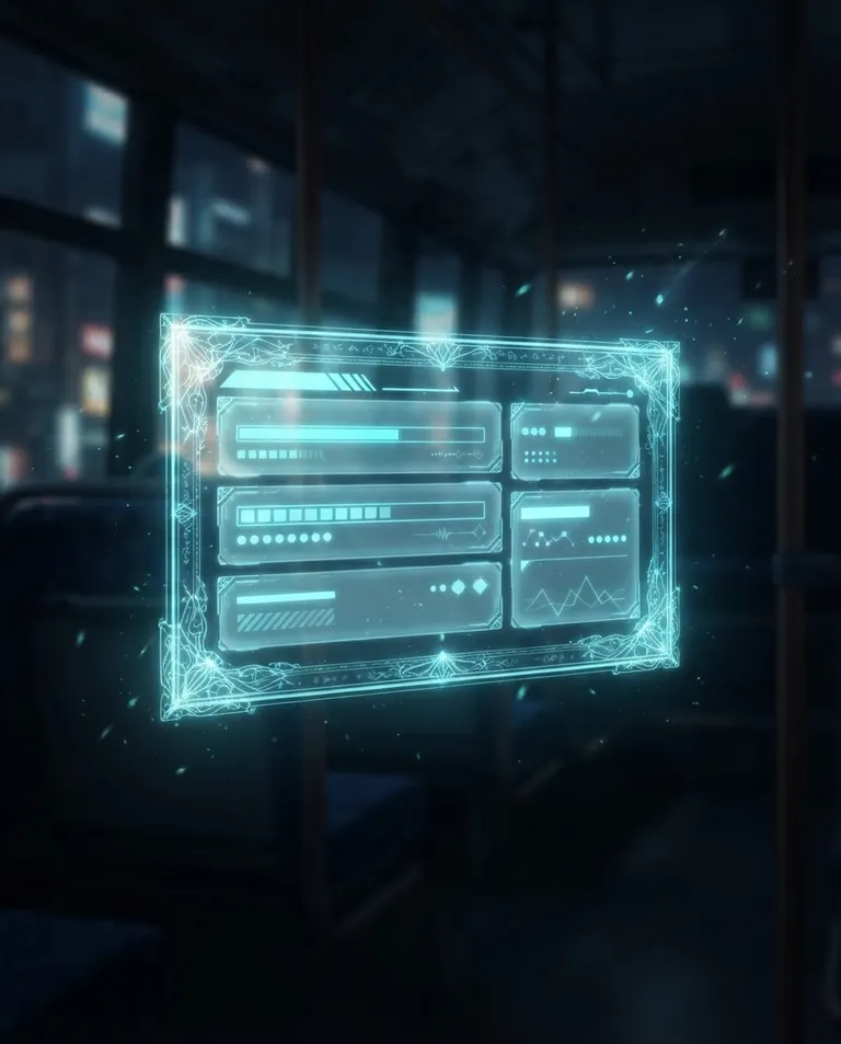 Modern anime key visual, simple background: close detail shot of a glowing translucent RPG status window hovering in midair inside the dim bus, ornate magical framing around empty frosted-glass panels containing only abstract glowing bars and dots, absolutely no glyphs or characters, faint particles drifting around it. Cool blue holographic glow against shadow. Sleek cyan-and-white palette, a mood of a game system snapping into a deadly reality. No text, no letters, no numbers, no writing anywhere in the image, no watermark.