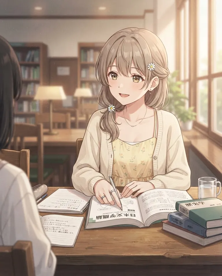 Modern anime key visual, simple background: waist-up shot of Yui Hasegawa, a young adult woman (18-year-old student) with soft light-brown shoulder-length hair pulled into a loose low half-tie, hazel eyes, fair skin and a petite slender build, wearing a cream knit cardigan over a pastel-yellow sundress, a small white daisy hair clip, sitting at a quiet library table beside a stack of textbooks, pointing gently at a page while tutoring, a small encouraging smile on her face. Soft afternoon window light. Calm warm-neutral palette, studious and gentle mood. No text, no watermark.
