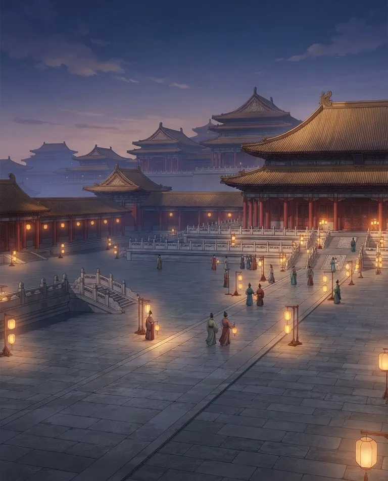 Polished manhwa character art, simple background: wide establishing shot of a sweeping imperial palace courtyard at dusk, tiered golden rooftops receding into the haze, red pillars and white stone terraces, paper lanterns beginning to glow, distant figures of palace attendants crossing the stones. Fading violet dusk light against warm lantern glow. Grand watchful palette of vermilion, gold, and deep indigo. No text, no letters, no numbers, no writing anywhere in the image, no watermark.