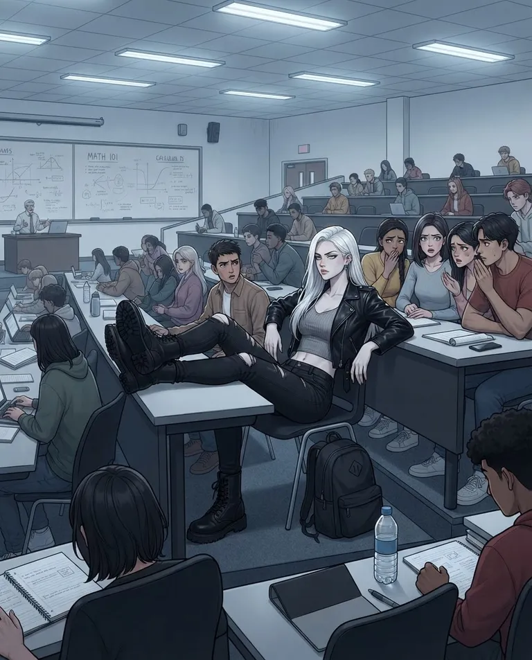 Polished manhwa character art, simple background: wide establishing shot of a modern university lecture hall with tiered seating and a whiteboard, where Sasha, a tall young adult woman (21, six feet tall) with long straight platinum-white hair, ice-blue eyes, fair skin and a lean athletic build, wearing a black cropped leather jacket over a grey ribbed tank top and ripped black jeans, a thin silver cross earring, a bored dismissive sneer on her face, slouches into a seat and props her boots up on the desk while other students glance over. Cold fluorescent light flattening the room. Muted blue-grey palette, tense charged atmosphere. No text, no watermark.
