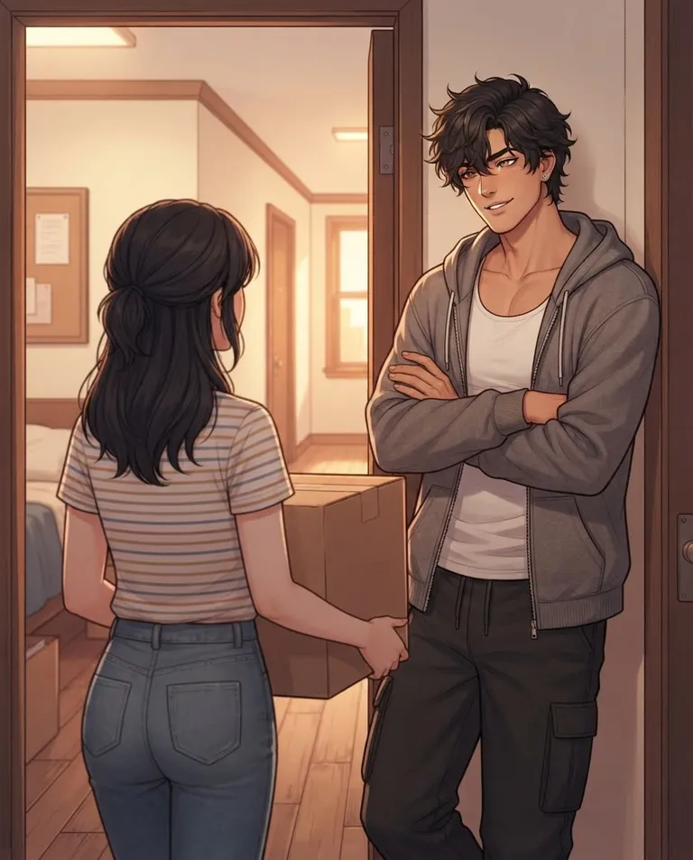 Polished manhwa character art, simple background: over-the-shoulder shot of a young woman carrying a plain unmarked cardboard moving box into a dorm room while Kai, a young adult man with tousled dark-brown hair and brown eyes, tall athletic build, wearing an unzipped grey hoodie over a white tank top, silver stud earring, smooth clear untattooed skin, an amused glint in his eye, leans in a doorway watching with a smirk. Late-day light through a corridor window. Warm nostalgic palette. No text, no letters, no numbers, no writing anywhere in the image, no watermark.