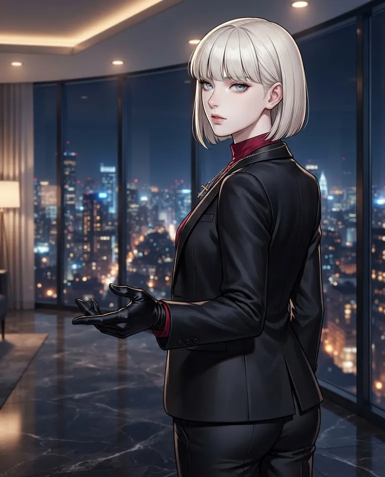 Polished manhwa character art, simple background: over-the-shoulder shot of Coppelia, a young adult woman with sleek platinum-blonde hair cut in a sharp chin-length bob with blunt bangs, cold pale blue eyes, porcelain skin and a slender elegant build, wearing a tailored black silk suit over a deep crimson blouse with long black satin gloves, a fine gold chain with a small marionette-crossbar pendant, turning back toward the viewer with a cool expectant look, one gloved hand extended in invitation, floor-to-ceiling windows and a glittering night skyline behind her in a marble penthouse. Cold city glow mixed with warm interior lamps. Sleek noir blue-and-gold palette. No text, no watermark.