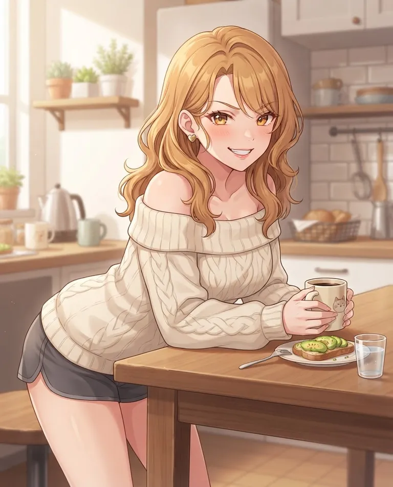 Modern anime key visual, simple background: waist-up shot of Riina, a young adult woman with shoulder-length wavy honey-blonde hair and amber eyes, fair skin and slim curvy build, wearing an oversized off-shoulder cream sweater and short sleep shorts, a small heart-shaped stud earring, leaning across a breakfast table with a coffee mug and a sly playful smile as she corners the viewer. Bright kitchen daylight. Playful warm palette. No text, no watermark.