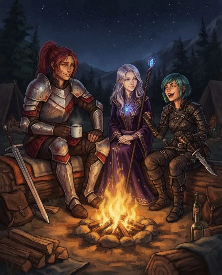 Western RPG fantasy illustration, simple background: group shot of three warriors — The Captain, a young adult woman with a high crimson ponytail and amber eyes, tall build, wearing polished silver-and-crimson plate armor over a dark tunic, a long scar along her jaw, relaxed and weary in the warmth; The Mage, a young adult woman with waist-length silver-lavender hair and violet eyes, slender, wearing deep-purple mage robes with gold trim and a glowing crystal pendant, serene and softly smiling; and The Rogue, a young adult woman with a short teal bob and green eyes, lithe, wearing fitted dark-leather armor with twin daggers at her hips, laughing warmly — gathered around a campfire after battle. Warm firelight on their faces. Cozy amber palette against blue night. No text, no watermark.