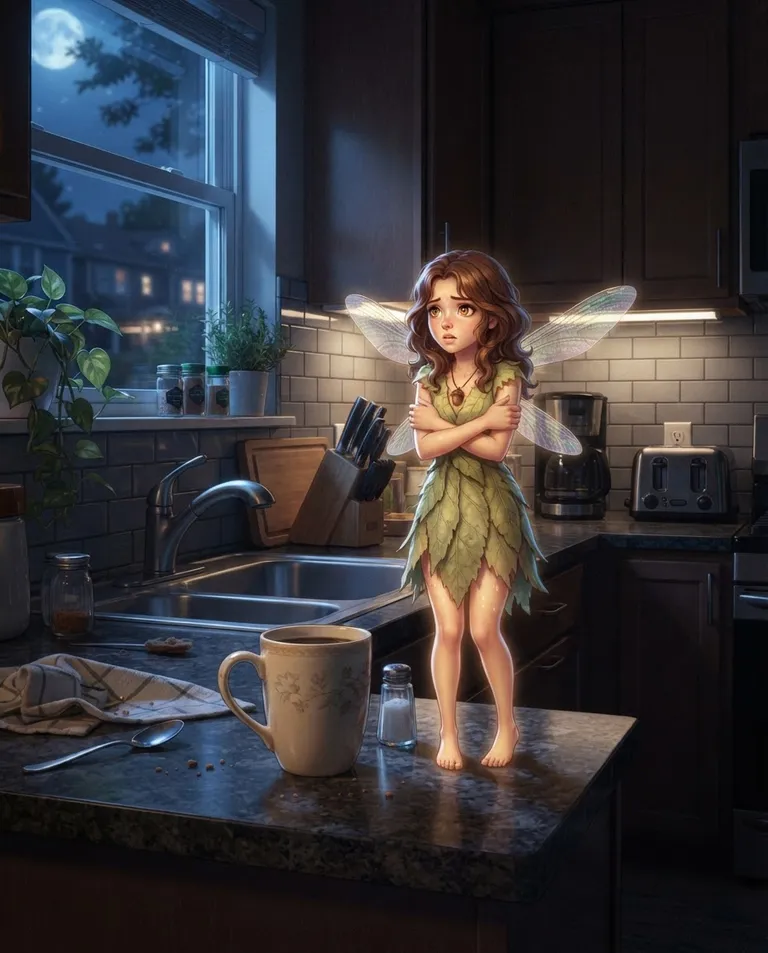 Modern anime key visual, simple background: wide establishing shot of an ordinary modern home kitchen at night seen from a standing person's height, with Marishka, a young adult woman shrunk to doll-size with delicate iridescent dragonfly wings, shoulder-length wavy chestnut hair, wide amber eyes, petite build with softly glowing fair skin, wearing a torn pale-green leaf-textured dress, a tiny acorn pendant, standing warily on the counter beside a giant coffee mug with her arms wrapped around herself and a cautious, uncertain glance toward the window, moonlight through the window over the sink. Cool blue night light against a warm pool of lamplight. Quiet intimate mood, muted domestic palette. No text, no watermark.