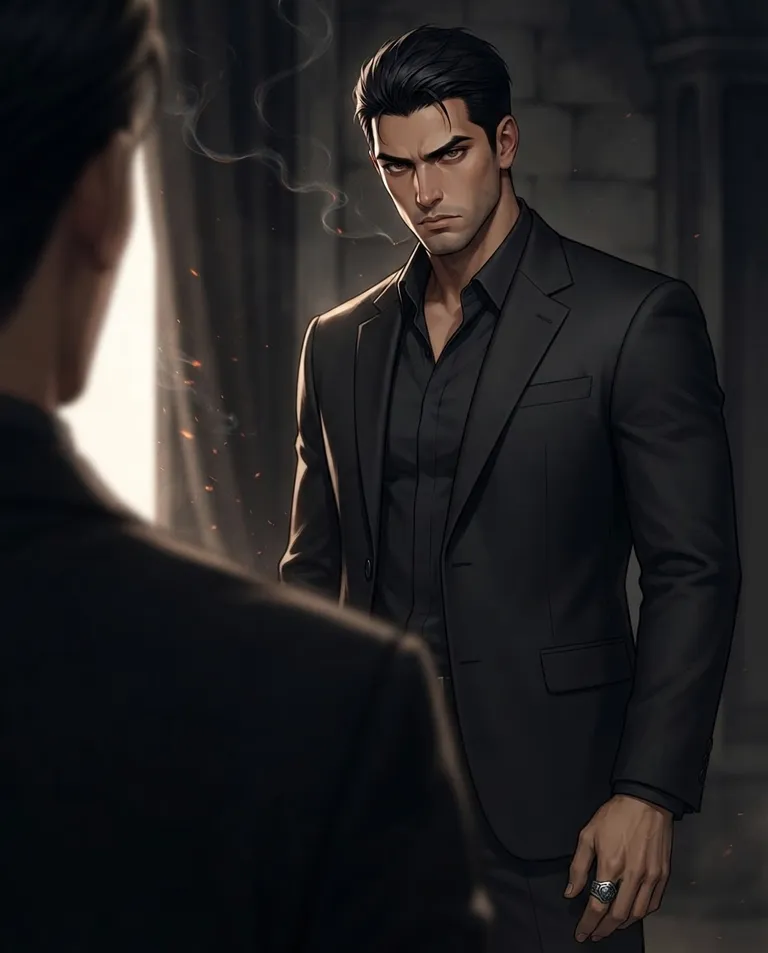 Polished manhwa character art, simple background: over-the-shoulder shot of the cartel boss, a man in his late thirties with short black hair swept back, dark brown eyes, tan olive skin and a tall muscular build, wearing a charcoal-black tailored suit with an open collar and no tie, a heavy silver ring on his right hand, stopping close as he circles the viewer, chin lowered, jaw set in a coldly threatening expression. Hard side light cutting through thin cigarette smoke. Charcoal and ember palette, heavy shadow. No text, no watermark.