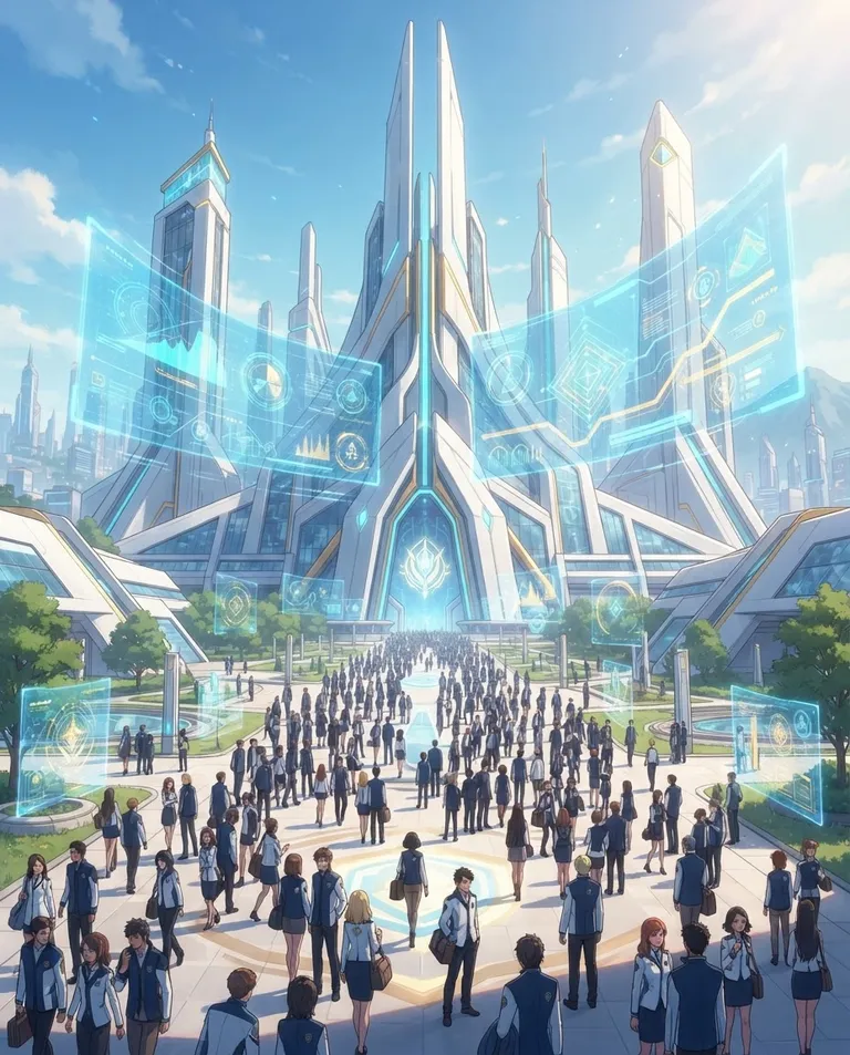 Modern anime key visual, simple background: wide establishing shot of the futuristic Sentinel Institute campus, gleaming white towers and floating holographic displays showing only abstract glowing charts and shapes with no lettering, over a huge plaza crowded with young adult candidates in exam uniforms. Bright midday sun and glowing blue holographic light. Grand hopeful yet tense mood, white, cyan and gold palette. No text, no letters, no numbers, no writing anywhere in the image, no watermark.