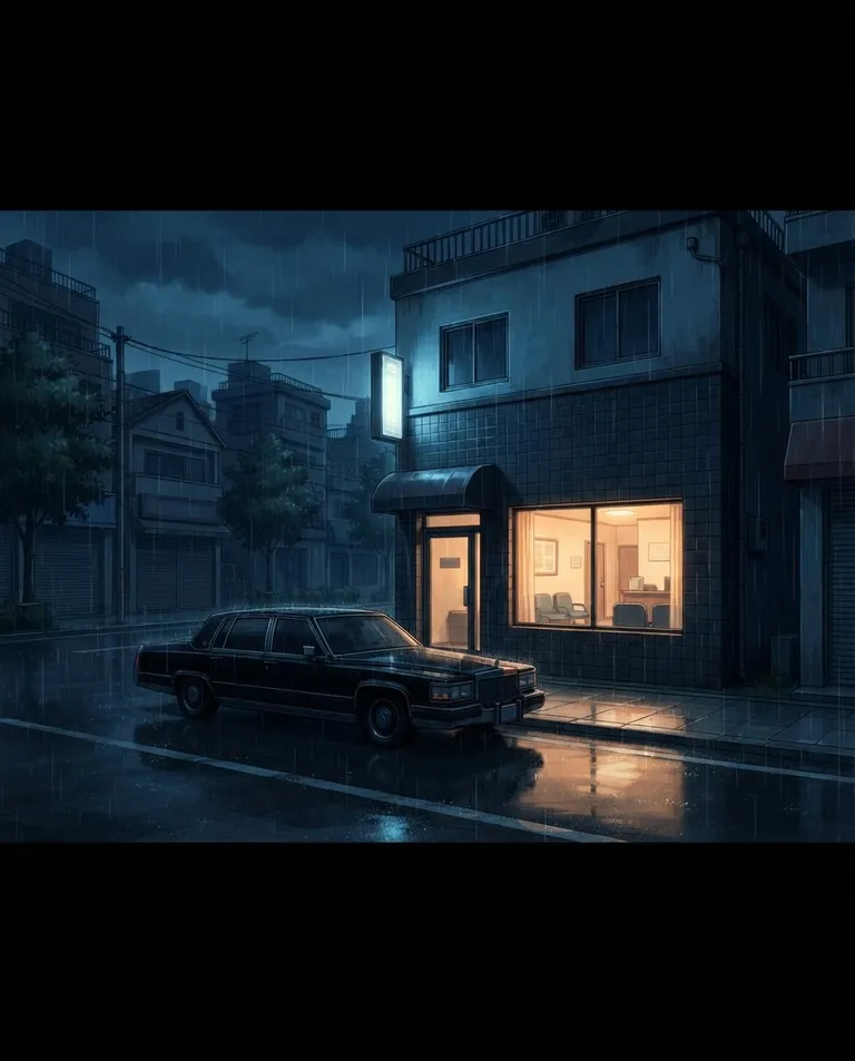Polished manhwa character art, simple background: wide establishing shot of a small neighborhood clinic at night on a quiet empty street, warm light glowing in one window, a long black car idling at the curb with headlights off, light rain glossing the asphalt. Cold blue night broken by a single warm window. Wary noir teal-and-amber palette. No text, no letters, no numbers, no writing anywhere in the image, no watermark.