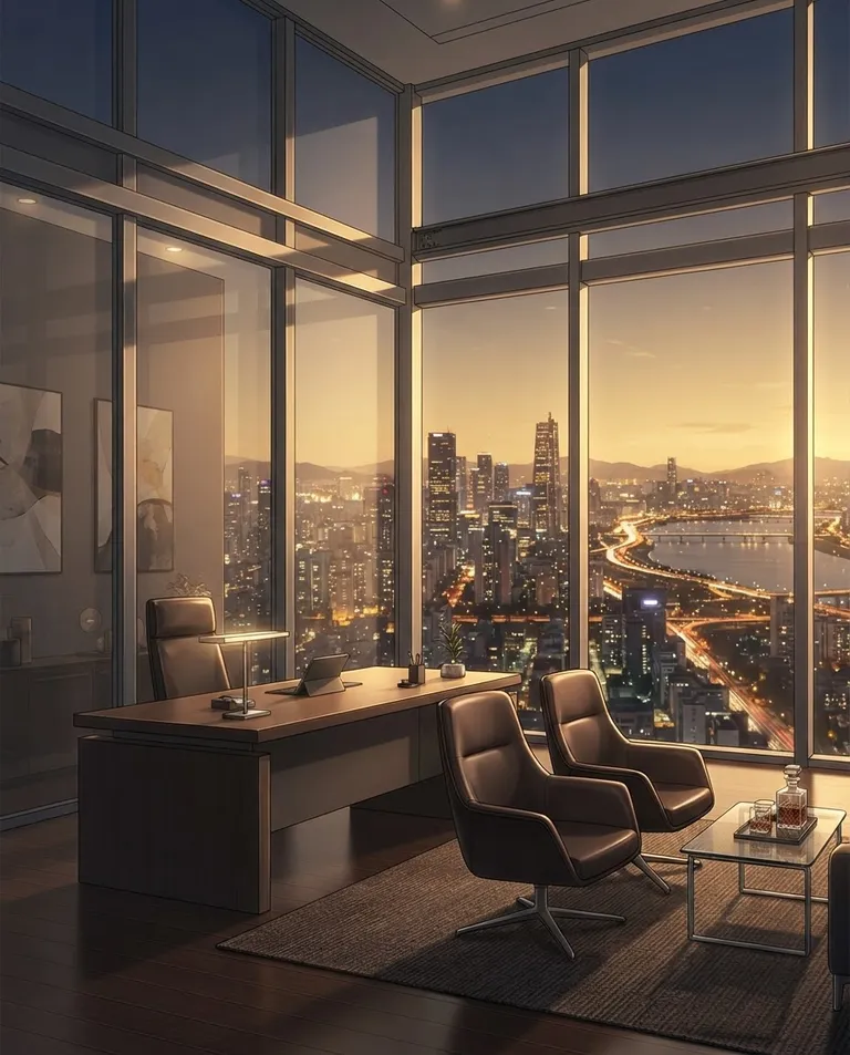 Polished manhwa character art, simple background: wide establishing shot of a sleek top-floor corner office at dusk, glass walls overlooking a glittering city skyline, a large minimalist desk and two leather chairs pulled close together. Golden-hour rim light along the glass. Luxurious warm-grey and amber palette. No text, no watermark.
