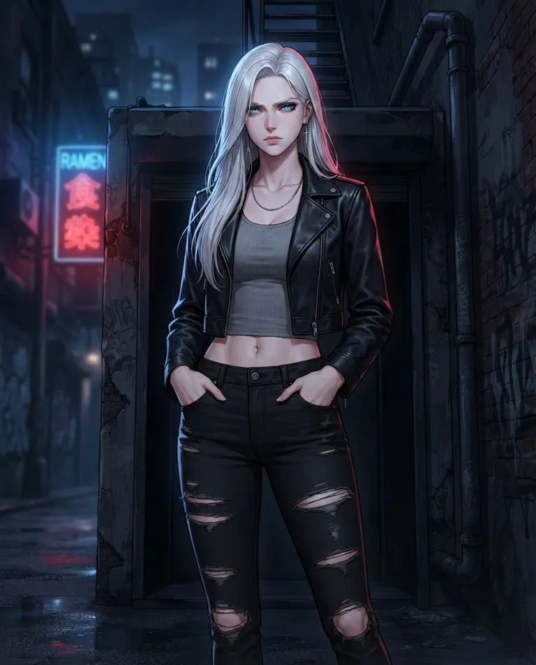 Polished manhwa character art, simple background: low-angle shot of Sasha, a tall young adult woman (21, six feet tall) with long straight platinum-white hair, ice-blue eyes, fair skin and a lean athletic build, wearing a black cropped leather jacket over a grey ribbed tank top and ripped black jeans, a thin silver cross earring, standing composed in a dim back-alley doorway at night with her hands in her pockets and a lethal calm in her stare. Cold neon glow spilling from a distant sign. Deep midnight-blue and crimson accents, quietly menacing mood. No text, no watermark.