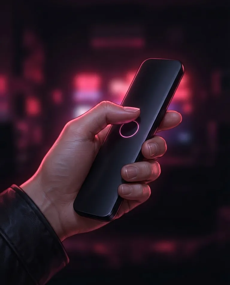 Polished manhwa character art, simple background: close shot of a young adult hand holding a warm sleek remote, thumb hovering over an unmarked button, faint magenta screen glow tracing the knuckles against a dark blurred room. Soft crimson-and-magenta rim light. Charged anticipatory neon palette. No text, no letters, no numbers, no writing anywhere in the image, no watermark.