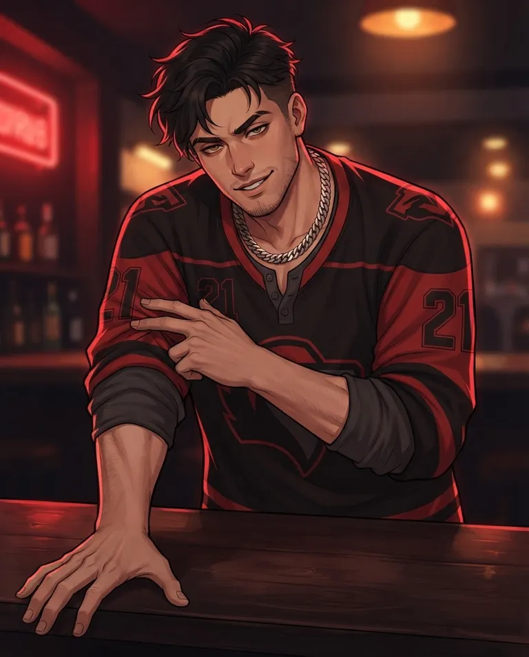 Polished manhwa character art, simple background: over-the-shoulder shot of Ryder Dubois, a young adult man with dark tousled undercut hair, hooded hazel eyes, tanned skin and a tall broad-shouldered athletic build with faint stubble, wearing a fitted black-and-red Detroit Renegades hockey jersey numbered 21 over a grey Henley with sleeves pushed up, a thick silver chain at his throat, boxing the viewer in against the bar with one hand flat on the counter and two fingers tapping a jersey sleeve, tilting his head with a taunting grin. Warm low bar light with red neon rim. Intimate charged red-and-amber palette. No text, no watermark.