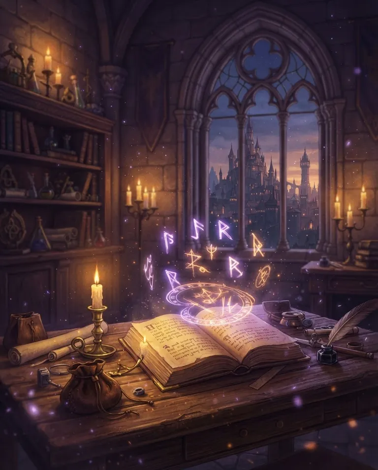 Western RPG fantasy illustration, simple background: atmospheric detail shot of an academy magic classroom at dusk, floating candlelit runes hovering above open spellbooks, arched windows showing empire spires beyond, faint glowing arcane sigils drifting in the air. Soft violet magelight against warm candle glow. Mysterious purple-and-amber palette. No text, no watermark.