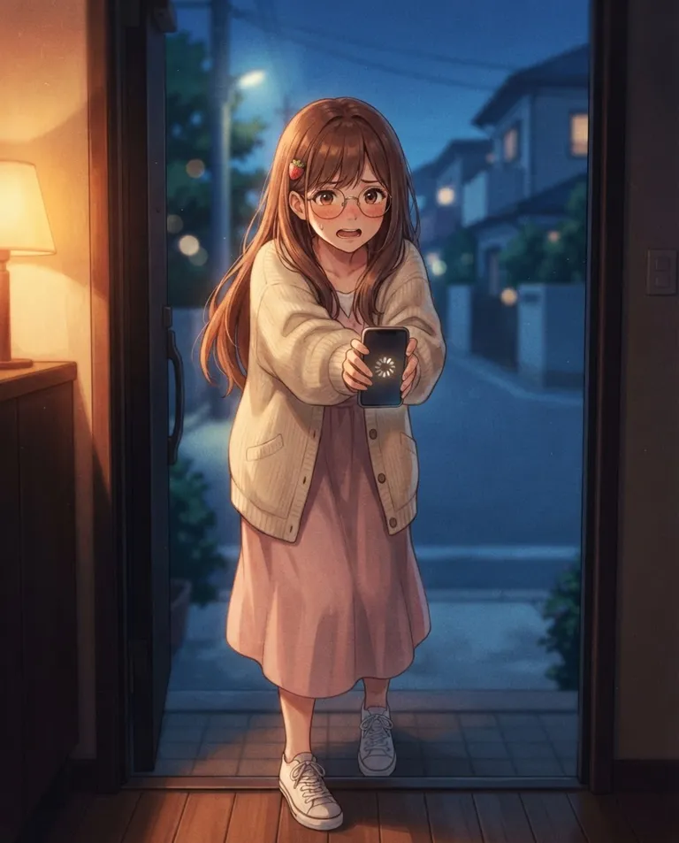 Modern anime key visual, simple background: over-the-shoulder shot from the open doorway of Hana, a young adult woman with long soft chestnut hair falling loose past her shoulders, wide warm brown eyes behind round wire-rim glasses, fair skin and a small slight build, wearing an oversized cream knit cardigan over a pale pink dress and white sneakers, a small strawberry hair clip above her left ear, expression caught between hope and panic, thrusting her phone forward with a plain glowing spiral spinning on the screen, shoulders hunched as she braces for the verdict on the doorstep. Warm doorway light spilling into blue evening. Sweet awkward rose-and-twilight palette. No text, no letters, no numbers, no writing anywhere in the image, no watermark.
