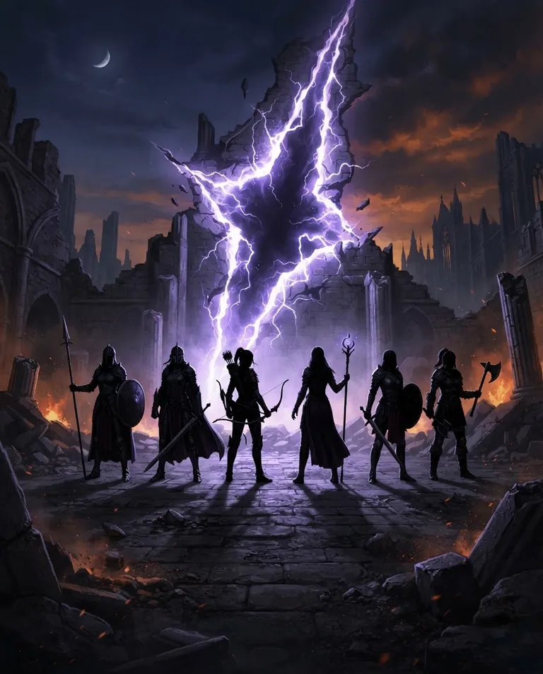 Western RPG fantasy illustration, simple background: wide establishing shot of a jagged glowing Rift tearing open in a ruined stone plaza, violet energy crackling from the wound in the air, six armored female warriors standing ready in silhouette against its light. Cold arcane glow against warm ember debris. Dramatic purple-and-orange palette. No text, no watermark.