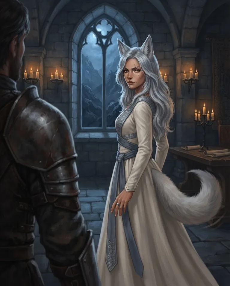 Western RPG fantasy illustration, simple background: over-the-shoulder shot of Isla, a young adult foxkin woman with long silver hair falling loose past her shoulders, sharp golden eyes, pale silver fox ears and a full silver-white fox tail, lightly tanned skin with a thin old scar across one eyebrow and a lean war-hardened build, wearing a formal ivory wedding gown with slate-blue sashes and fine silver embroidery, a plain silver treaty ring on her left hand, expression blunt and resolute with uncertain eyes, turning from a tall arched window overlooking the dark highlands to face the viewer across the candlelit chamber, her tail flicking once behind her. Cool moonlight from the window meeting warm candle glow. Quiet slate-and-gold palette. No text, no watermark.