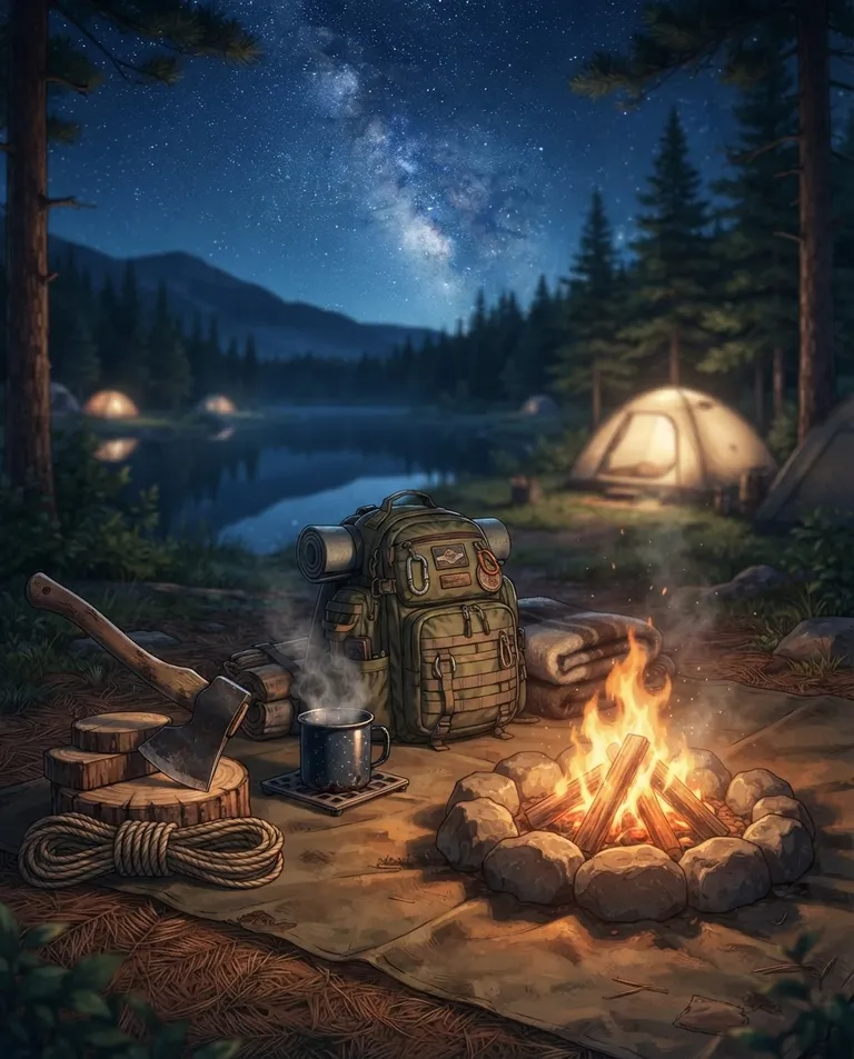 Modern anime key visual, simple background: close detail shot of a well-worn camping setup — a neat hatchet, coiled rope, a steaming tin mug and an organized backpack beside a steady fire, with softly glowing tents and a starry lake behind. Warm firelight against deep-blue night. Calm, competent, snug palette. No text, no watermark.