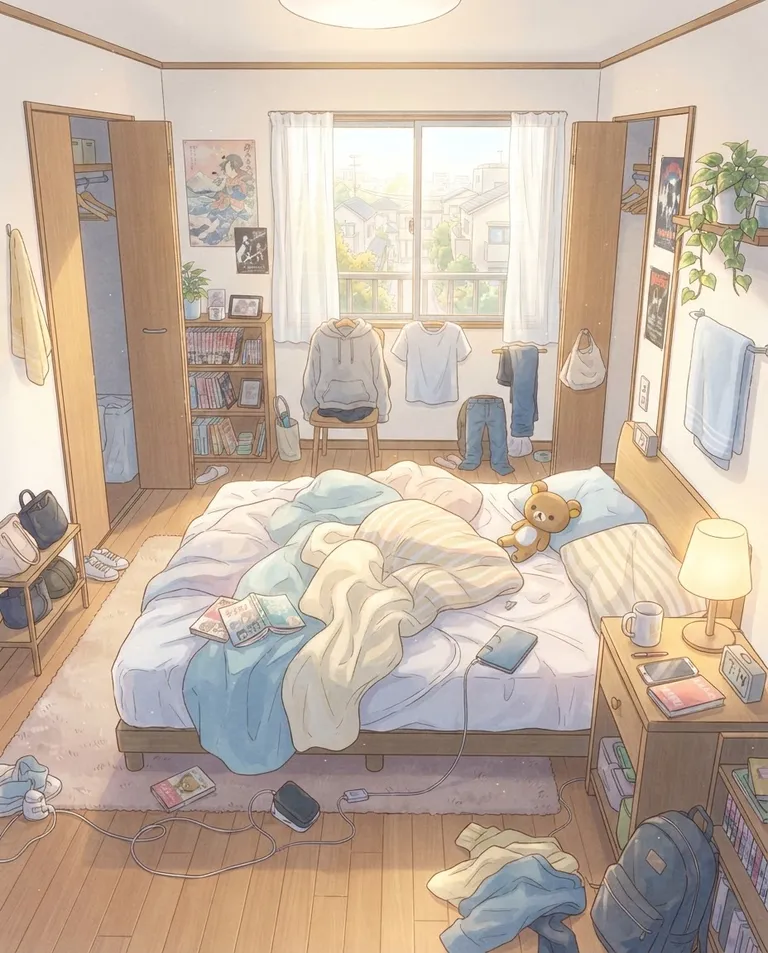 Modern anime key visual, simple background: wide establishing shot of a sunlit shared apartment bedroom with a rumpled bed, morning light spilling through sheer curtains, a cluttered nightstand and clothes draped over a chair. Warm golden morning light. Cozy domestic pastel palette. No text, no watermark.