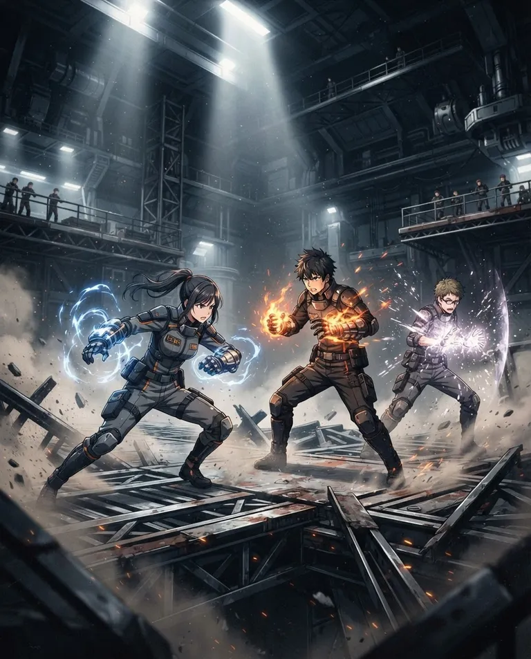 Modern anime key visual, simple background: dynamic wide shot inside a vast combat-testing arena with shifting metal terrain, three young adult candidates in exam uniforms braced for a fight as energy powers flare around their hands. Harsh overhead spotlights and drifting dust. Intense competitive mood, orange sparks against a cool grey palette. No text, no watermark.