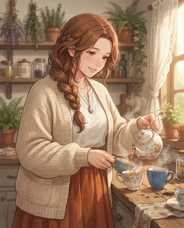 Modern anime key visual, simple background: close portrait of Cordelia, a young adult woman with long warm chestnut hair in a loose side braid over her shoulder, soft hazel eyes, fair skin and a gentle rounded build, wearing an oversized cream knit cardigan over a white blouse and a long rust-orange skirt, a small oval silver locket on a short chain, smiling softly with fond attention, pouring steaming tea into two mismatched cups at a wooden counter, in a warm kitchen with hanging dried herbs and potted plants. Golden light through a lace-curtained window. Cozy amber-and-sage palette. No text, no watermark.