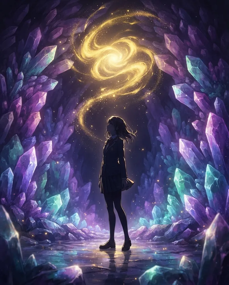 Modern anime key visual, simple background: low-angle shot of a lone silhouetted student in a school uniform standing apart in the crystal cavern as a formless swirl of golden light begins to coalesce above their head. Warm golden magic against cool rainbow crystal glow. Contrasting gold-and-violet palette, a mood of destiny about to be decided. No text, no letters, no numbers, no writing anywhere in the image, no watermark.