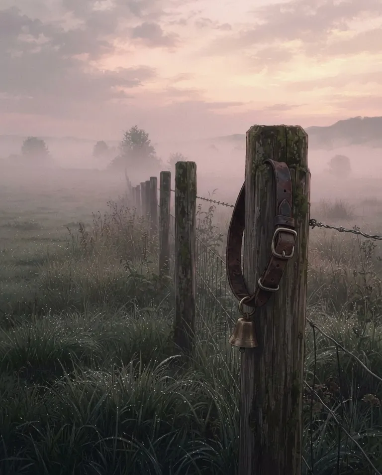 Modern anime key visual, simple background: medium shot along a wooden fence line at first light, a leather collar with a brass bell hanging from the nearest post, dew on the grass and thin mist drifting over the far pasture. Cold pink-gold dawn light. Still, pastoral, faintly ominous rose-and-grey palette. No text, no watermark.