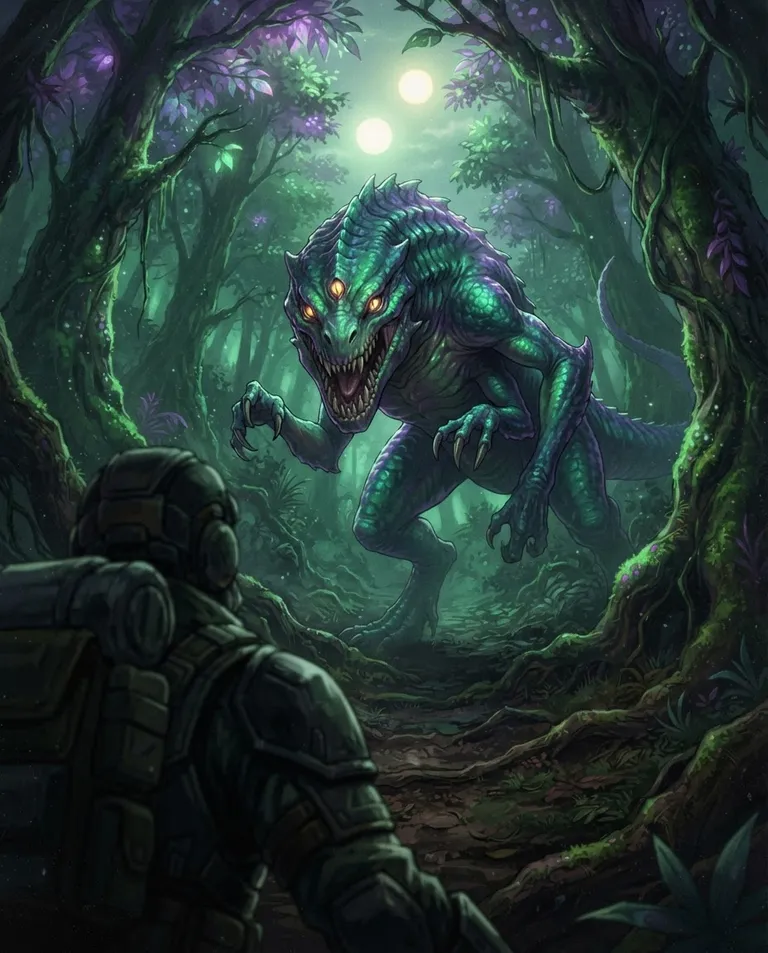 Modern anime key visual, simple background: low-angle over-the-shoulder shot from the viewer's perspective on rough forest earth facing a menacing six-limbed reptilian creature, scales shimmering green to purple, three glowing eyes fixed forward, jagged teeth bared as it steps closer beneath a canopy of alien trees. Dim dappled light broken by two distant suns. Tense eerie green-and-violet palette. No text, no watermark.