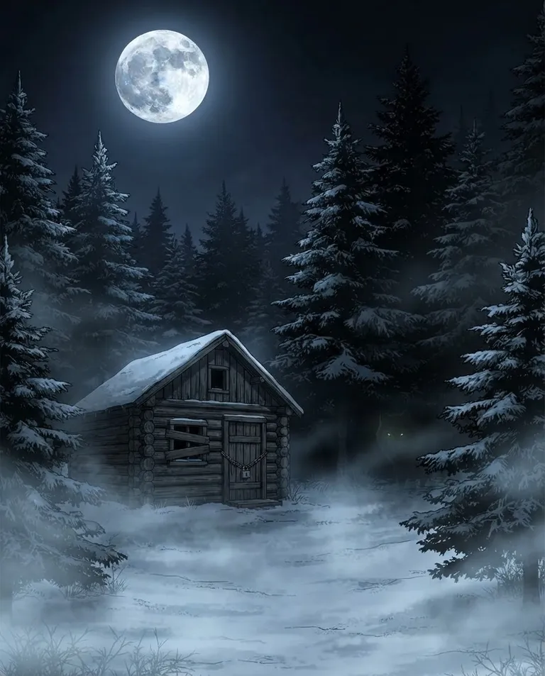 Polished manhwa character art, simple background: wide establishing shot of a full moon over a dense pine forest with a lone wolf's glowing eyes in the treeline near an isolated locked cabin. Silver moonlight and drifting ground mist. Cold, ominous, lonely palette of deep blue and black. No text, no watermark.